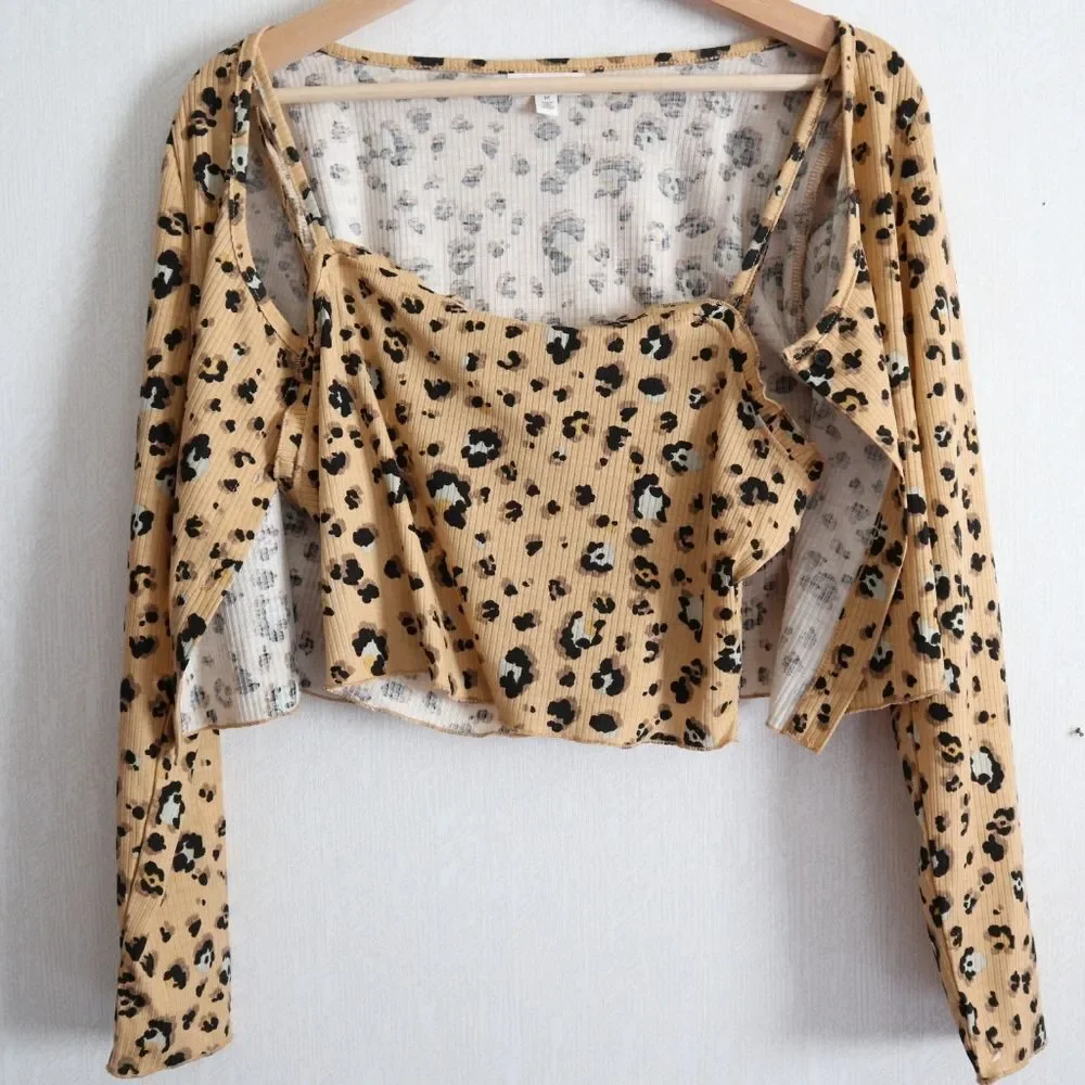 Nwt Nordstrom Bp. Cropped Rib Cardigan & Camisole leopard print - Picture 3 of 12